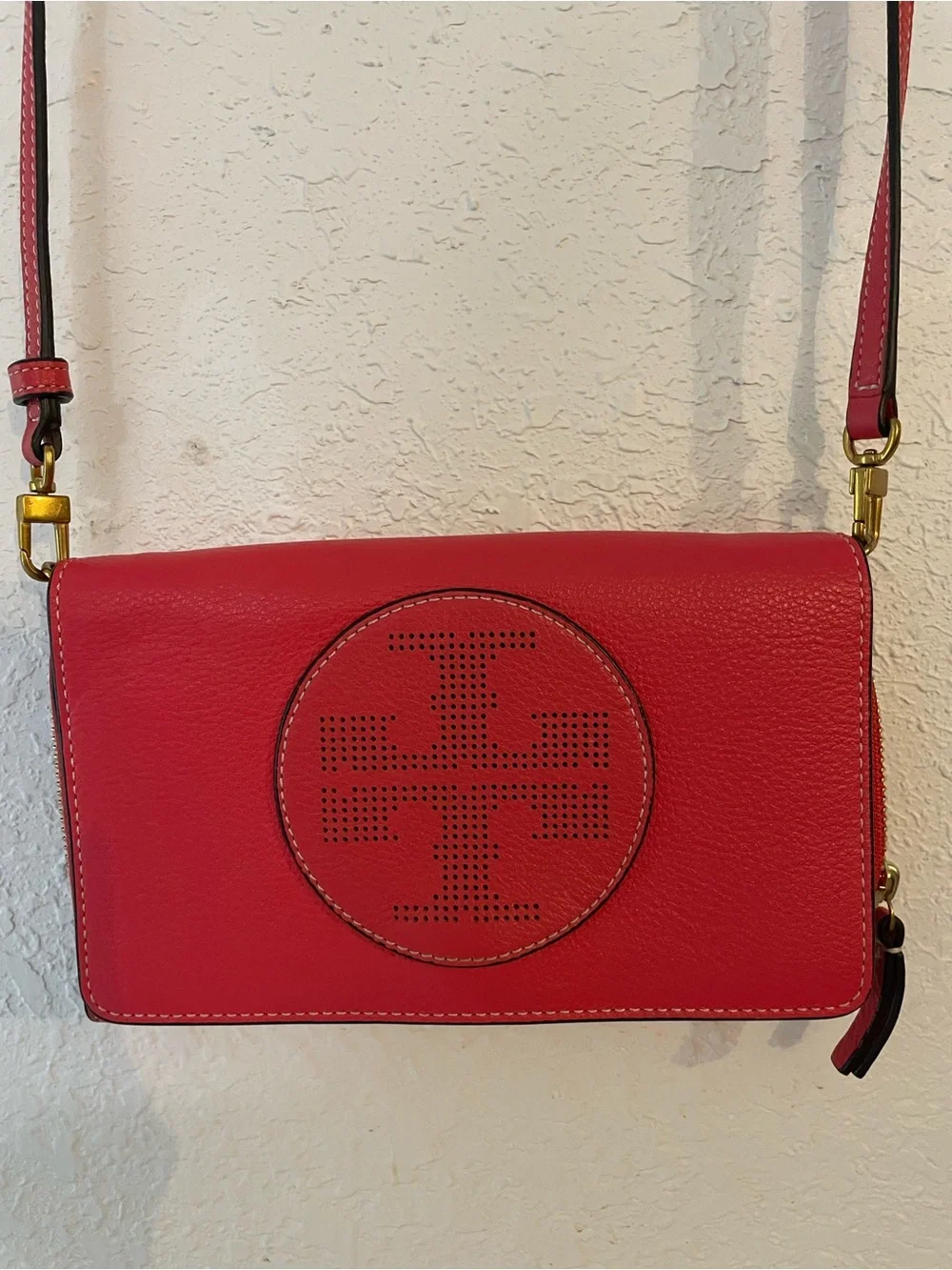 Tory Burch Red Perforated Logo Leather Crossbody